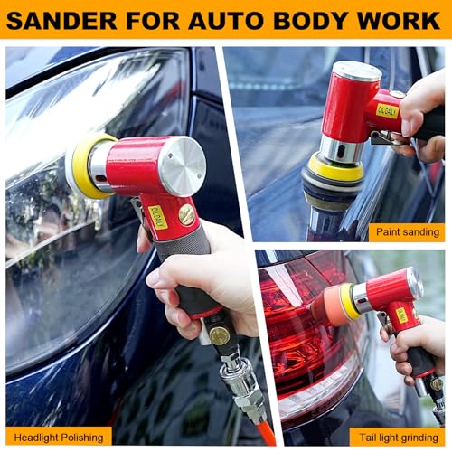 SI FANG 48Pcs 1'' 2'' 3'' Mini Air Sander Kit, High Speed Random Orbital DA Sander Polisher for Auto Body Work, Includes 1/2/3in Polishing Sponge & Wool Pads Sandpapers (Red Pneumatic Sander) - style: 1"2"3" Buffer&Sander Kit Red