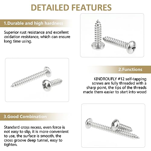 52 Pieces #12 x 3/4" 1" 1-1/4" 1-1/2" 2" Phillips Pan Head Self-Tapping Screws, Wood Screws Assortment Kit, 304 Stainless Steel - size: #12