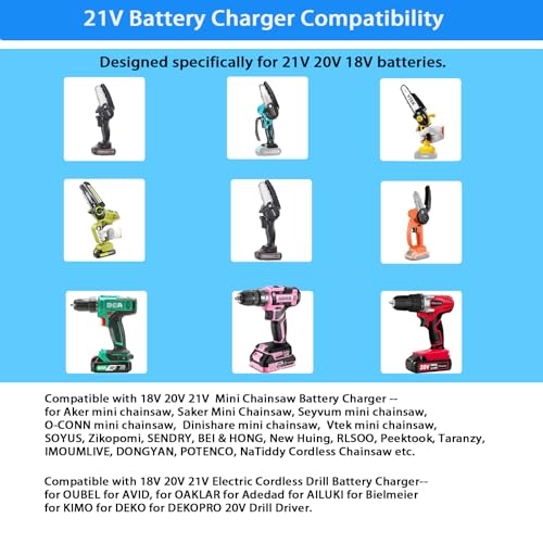 21V Battery Charger, fit for 20V 20 Volt Lithium Battery, Compatible with Electric Drill, Chainsaw, Angle Grinder, Impact Wrench, Reciprocating Saw, Leaf Blower, Car Washer Gun, with LED Indicator.
