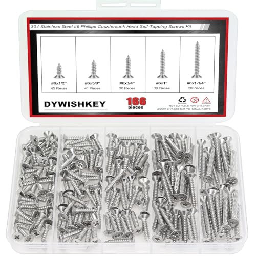 DYWISHKEY 166-Piece Wood Screws Assortment Kit - #6 x 1/2", "5/8", "3/4", "1", "1-1/4" Screws - size: #6