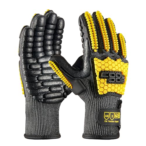 COOLJOB A6 Cut Resistant Anti Vibration Work Gloves Men, TPR Impact Reduce Mittens, Palm Rubber Patch Shock Absorption, S-2XL - size: Large