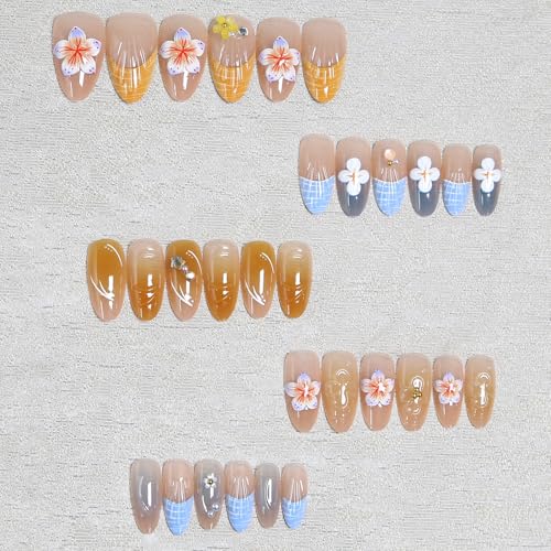 Press on Nails Almond Medium French Tip 3D Embossed Color Flower&Bead Design Fake Nails - color: 3D Embossed design 19