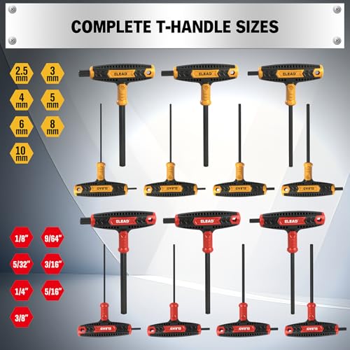 ELEAD 14-Piece T-handle Allen Wrench Set, Metric 2.5mm-10mm & SAE 1/8"-3/8" Portable Hex Key, Long Arm Allen Key Set with Storage Box for Basic Home Repair and Mechanical Maintenance - style: T-Handle Version