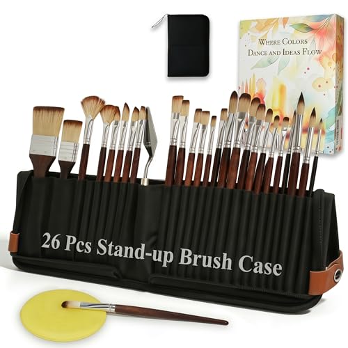 26Pcs Paint Brush Set with Stand-Up Brush Case, Travel Watercolor Acrylic Paint Brushes with Flat, Filbert, Fan, Dagger, Cat Tongue, Round, Palette Knife, Professional Kit for Oil, Artist, Face