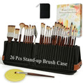 26Pcs Paint Brush Set with Stand-Up Brush Case, Travel Watercolor Acrylic Paint Brushes with Flat, Filbert, Fan, Dagger, Cat Tongue, Round, Palette Knife, Professional Kit for Oil, Artist, Face