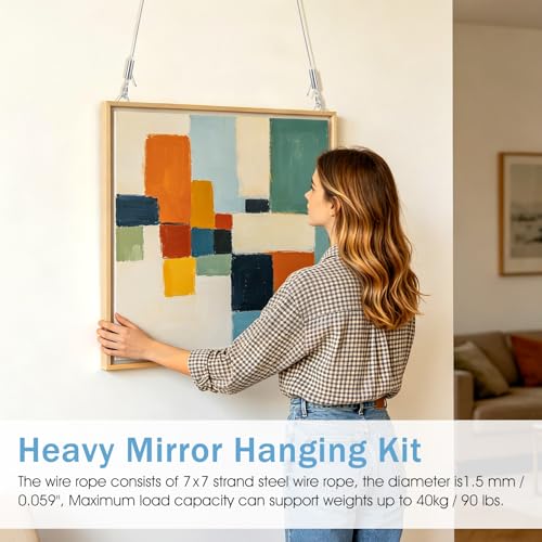 Picture Hanging Wire Kit, Adjustable Stainless Steel Frame Wire 2m X 1.5mm, Heavy Duty 90lbs, Picture Hangers with 16pcs Screws and 8pcs Hole D Rings, for Canvas Paintings/ Mirrors/ Frames