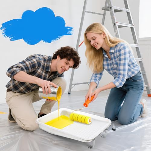 Jucoan 9 Inch Metal Paint Tray with 20 Pcs Plastic Disposable Paint Tray Liners, Reusable Metal Paint Pan with Liners for DIY Home Wall Painting