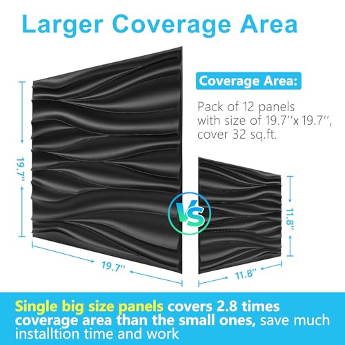 STICKGOO Black 3D Wall Panels, Wave Design, 19.7''x19.7'' - color: Black
