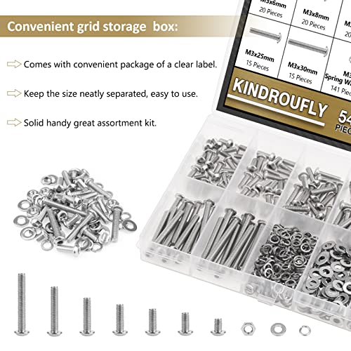 542 Pieces M3 x 6/8 /12/16 /20/25 /30mm Button Head Socket Cap Screws Nuts Washers Assortment Kit, 304 Stainless Steel, Fully Machine Thread - size: M3, style: Button Head
