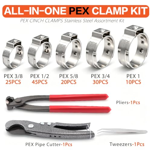 130Pcs 304 Stainless Steel PEX Pinch Clamp Kit with Crimper Tool