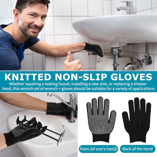 2Pcs Multifunctional Basin Wrench Set,7Sizes Faucet Wrench with Gloves,Universal Under Sink Plumbers Tool,Two-Shaft Design Four-Jaw Hex Faucet tool for Kitchen & Bathroom(Black)