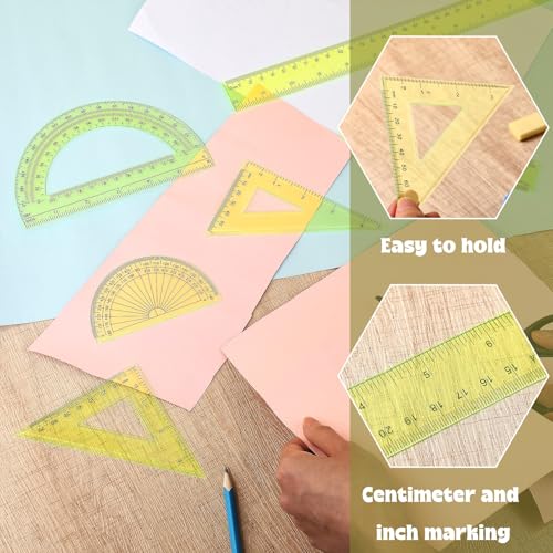 Tenare 6 Pcs Math Geometry Ruler Set, Protractor Triangle School,Yellow - color: Yellow