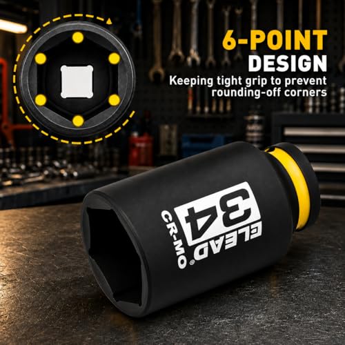 ELEAD 34 mm Socket 1/2" Drive Deep Impact Socket, Metric 6 Point 1/2-inch Drive Impact Axle Nut Sockets, CR-MO Nut Socket Set, Tools for Easy Removal of Axle Shaft Nuts - color: 34mm