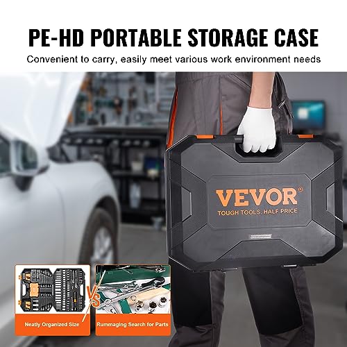 VEVOR Mechanics Tool Set and Socket Set, 1/4" and 3/8" Drive Deep and Standard Sockets, 145 Pcs SAE and Metric Mechanic Tool Kit with Bits, Combination Wrench, Hex Wrenches, Accessories, Storage Case - size: 145-PCS