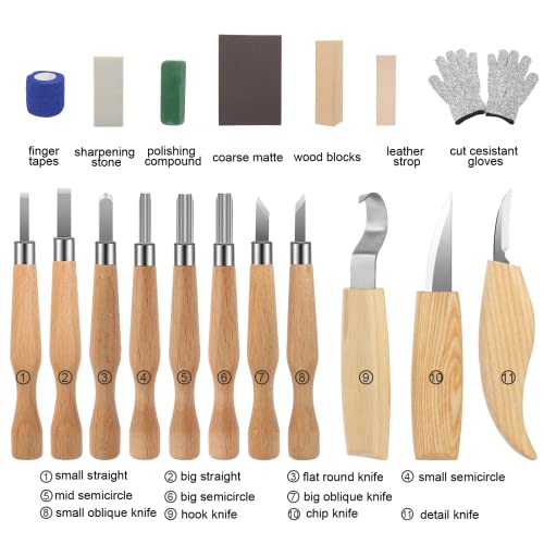 Wood Carving Kit 26pcs Wood Carving Tools Set with Wood Carving Knives Detail Knives Blocks Gloves Whittling Kit for Beginners Adults Kids Woodworking Tools for Spoon Bowl Kuksa Cup