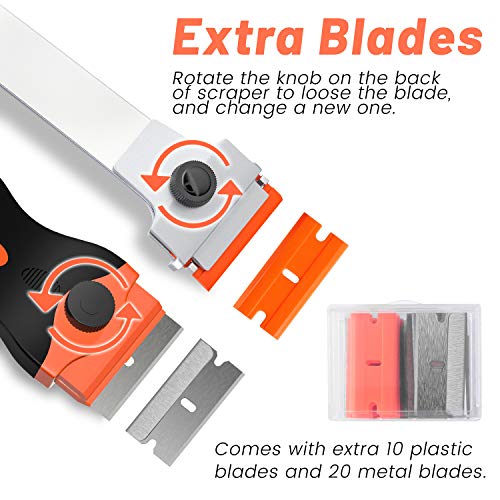 DEKEones Razor Blade Scraper, 2 PCS Razor Scraper Tool for Removing Label, Registration Sticker, Tint, Grease from Windshield, Appliance, Glass (Extra 20 Metal and 10 Plastic Blades) - color: Orange-2pcs