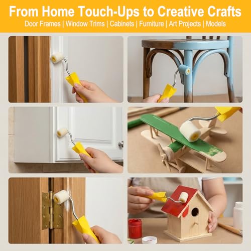 0.98 Inch 8 Pack Mini Paint Rollers with 2 Handles, Small Roller Paint Brush, Reusable Corner Touch-Up Tools for Trim, Edges, Window Frames, Cabinets & Home DIY Projects