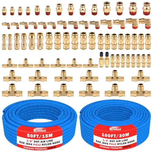 CheeMuii 76 Pcs Brass DOT Air Line Fittings with 1/4" & 3/8" DOT Air Hoses - size: 2ROLL-80PCS-BLUE