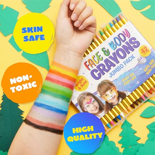 42PCS Face and Body Paint Crayons, XL Face Painting Kit Safe and Non-Toxic Ultimate Party Pack Including 14 Metallic Colors for Birthday Makeup Party Supplies, Festivals, Gifts for Kids Girls Boys