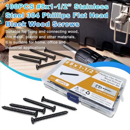 100PCS #8 x1-1/2 Black Wood Screws, Flat Head Stainless Steel Sheet Metal Screws, Fast Self Tapping Screws for Deck Drywall Concrete Screws with Screwdriver Bit - style: Black #8X1-1/2" Flat Head 100PCS