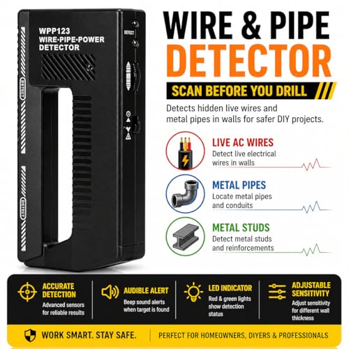 WPP123 Wire & Pipe Detector – Handheld Metal & Live AC Wire Scanner for Drywall with Sensitivity Control