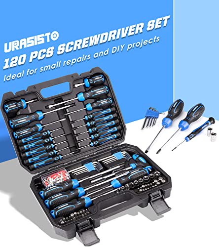 URASISTO 120-pieces Magnetic Screwdrivers Sets Includes Sockets, Slotted, Phillips, Hex, Torx and Precision Screwdriver Set Tools for Men, Repair Home