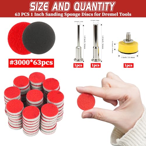 63 PCS 1 Inch Sanding Dremel Discs Hook and Loop Sandpaper 3000 Grit | Wet Dry Sanding Pads with 1/8" 1/4" Shank Small Sanding Discs for Curved Surfaces Resin Wood Metal - style: 3000 Grit