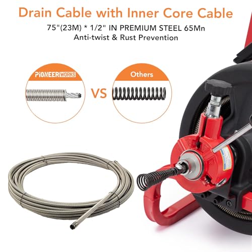 75Ft x 1/2 Inch Drain Cleaner Machine, Electric Drain Snake with 6 Cutters Gloves, Electric Drain Clog Remover Plumbing Tool for 2 to 4 in Pipes, Auto Feed Sewer Snake Auger Drain Auger Cleaner - style: 75FT 1/2''