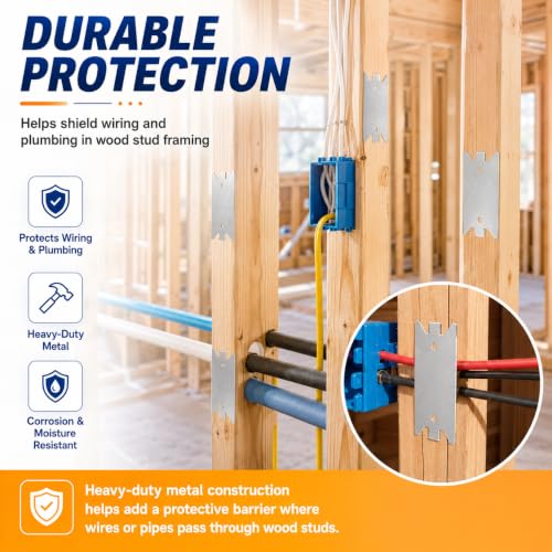 200 PCS Nail Plates for Wood Studs, 2.5 x 1.5 In Nail Guards for Wood Studs | Steel Stud Guard Plates with Sharp Prongs, Cable and Pipe Protectors for Electrical Wiring, Plumbing and HVAC Lines