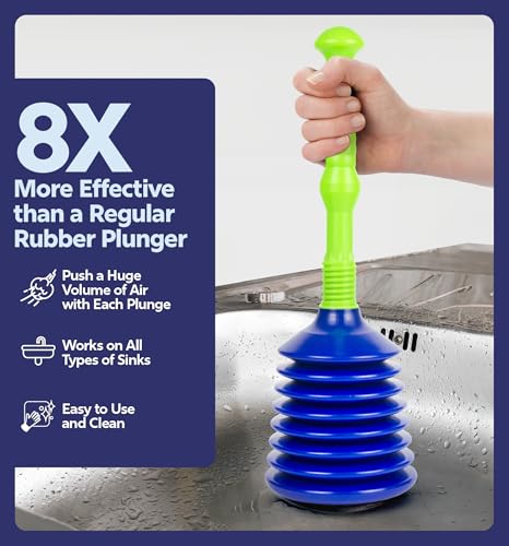 Luigi's Sink Plunger Kitchen - Sink Plunger Bathroom - Drain Bathtub or Shower - Large and Powerful Clog Remover - Commercial Style Plumbers Plungers with Large Bellows - Blue Green - Grande - color: Blue/Green - Grande Plunger