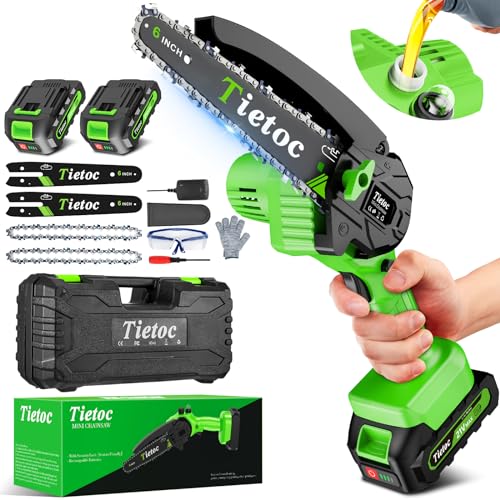 Tietoc Mini Chainsaw 6-Inch with 2 Batteries, Electric Saw, Stocking Stuffers Christmas Birthday Gifts Present for Men Dad Husband Gardener Adults, Cool Gadgets 2025 - color: ‎green-2 Batteries