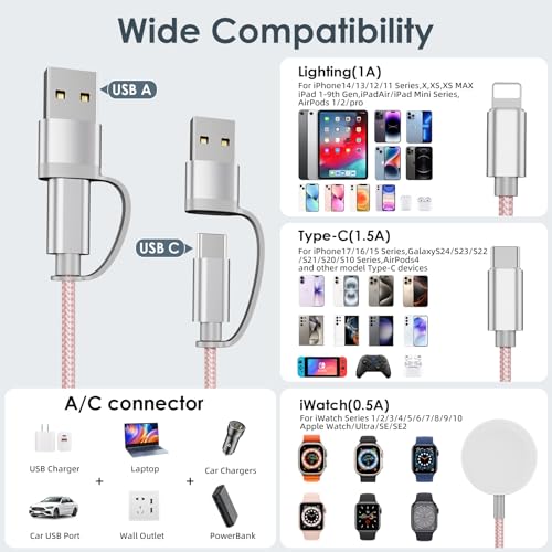 Travel Essentials,Multi Charging Cable for Apple Watch iPhone Charger Pink - color: Pink, size: 1pack-4ft