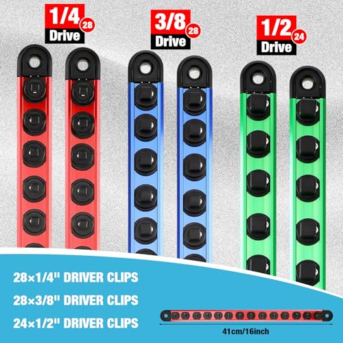 Ceenna 9 Set Magnetic Socket Organizer and Magnetic Screwdriver Organizer 6 Pcs 1/4", 3/8" & 1/2" Socket Rail Trays 3 Pcs Screwdriver and Wrench Holder Aluminum Alloy Tool Holder Red Blue Green