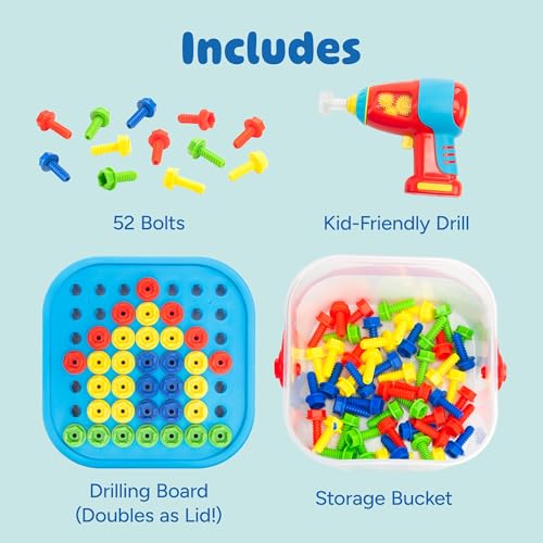 Educational Insights Design & Drill Bolt-It Bucket - Construction Toys & Toddler Tools, Kids Tool Set with Real Electric Drill Toy, Take Apart STEM Set, Building Kits and Gifts for Ages 3+