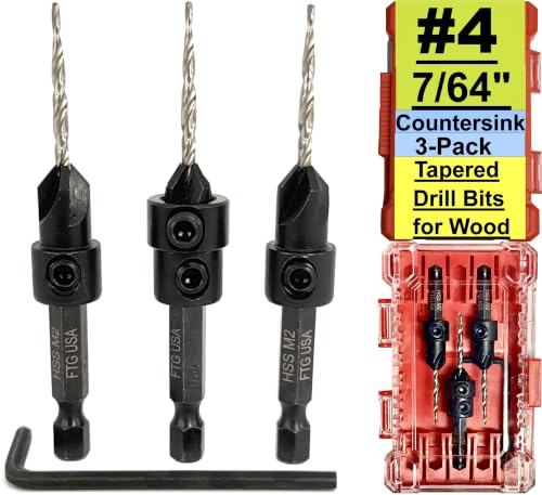 FTG USA 3-Pk #4 (7/64") Countersink Drill Bit Set, 1 Stop, 1 Wrench & Case - size: #4, style: 3 Pc with Depth Stop and Case
