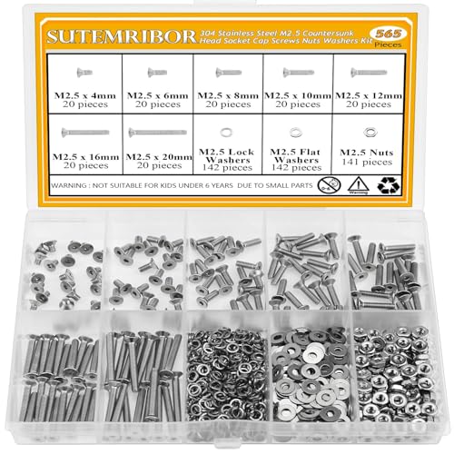 565 Pieces M2.5 Screws Nuts Washers Set, Sutemribor M2.5 x 4/6/8/10/12/16/20mm Countersunk Head Socket Cap Screws Nuts Washers Assortment Kit, 304 Stainless Steel, Fully Threaded - size: M2.5, style: Countersunk Head Socket Cap