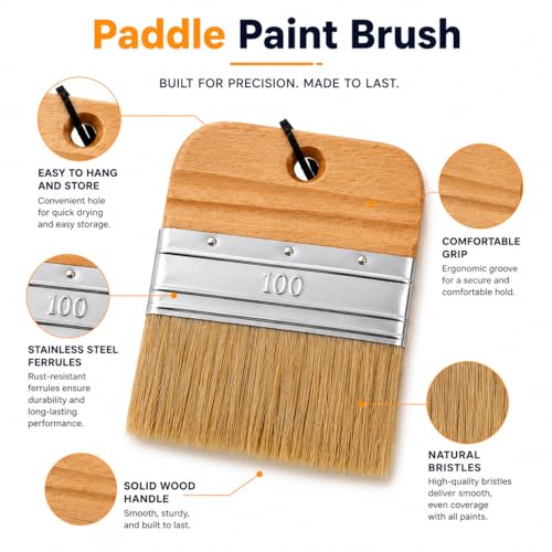 4 Inch Flat Paddle Paint Brush, Chalk Brush with Wooden Handle | Natural Bristle Brush, Wide Paintbrush for Stains, Varnishes, Wall Painting, Furniture Refinishing & DIY Craft Projects - size: 4 Inch Paddle Paint Brush