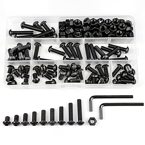 NINDEJIN Metric M4 Button Head Socket Cap Bolts Screws Set, M4x5/6/8/10/12/14/16/18/20 mm Screws Bolts and Nuts Assortment Kit, 362 Pcs Allen Hex Drive, Black Oxide, 10.9 Carbon Steel, Fully Threaded - size: 326Pcs M4 5mm-20mm