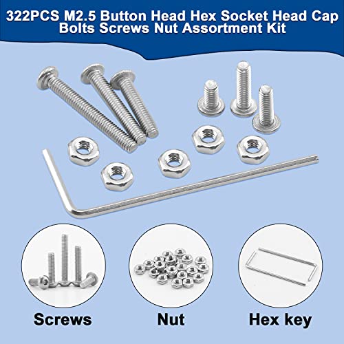 NINDEJIN 322 Pcs M2.5 Small Metric Button Head Socket Cap Screws Bolts Set - size: 322Pcs M2.5 3mm-20mm
