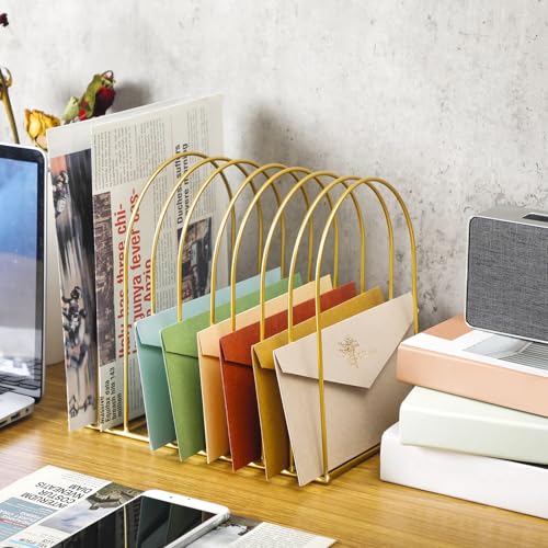 Kosiz 2 Sets Wire File Organizer for Desk 9 Slots Metal File Holder, Gold