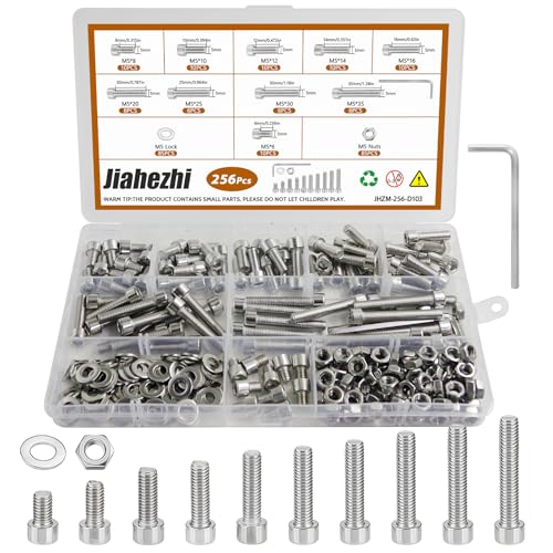 256Pcs M5 201 Stainless Steel Hex Socket Cap Bolt & Nut Set - size: M5x6/8/10/12/16/18/20/25/30/35-256Pcs