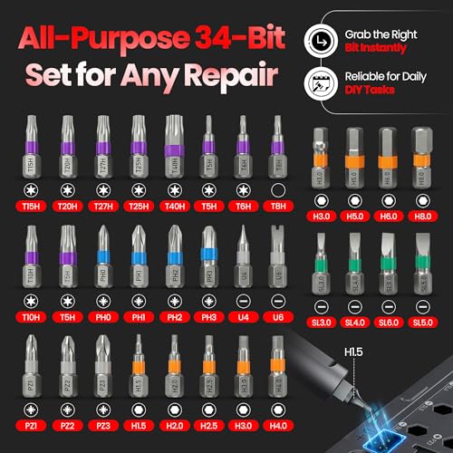 34 in 1 Magnetic Screwdriver Set, Magnetic Ratchet Screwdriver Set with Multi-Bit Ratcheting Handle & Bit Magnetizer, Compact Repair Tool Kit with Storage Case for Furniture, Computer, Bicycle and DIY - size: 34 in 1