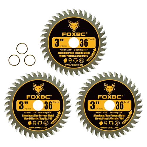 FOXBC 3 Inch Carbide Circular Saw Blade 36 Tooth for Wood, Plastic, PVC, Acrylic, Aluminum with 7/16" Arbor, 3/8" Bushing - 3 Pack