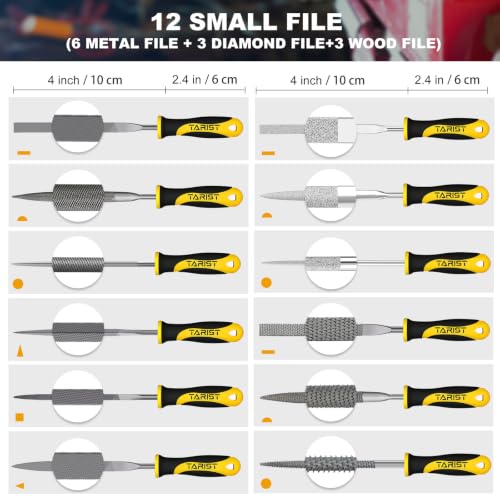 TARIST 19PCS Metal & Rasp File Set with Tool Bag, Includes Flat/Half-Round/Round/Triangle steel file, Half-Round wood file, 4 Way File and 12pcs Needle Files, Work for Metal, Wood and more - style: File Set - 19 pcs