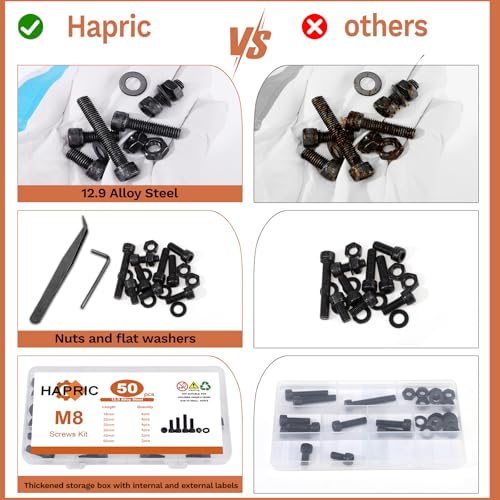 50 Pcs M8 Bolts Kit M8x 16/20/25/30/40/50 mm M8 Screw Kits - color: Black, size: M8x16mm-50mm 50Pcs