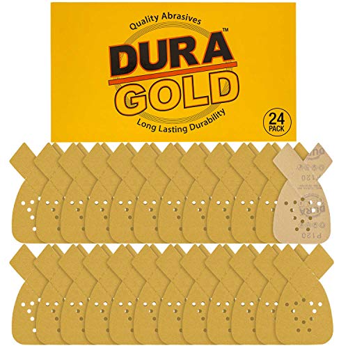 Dura-Gold Premium Mouse Detail Sander Sandpaper Sanding Sheets - 120 Grit (Box of 24) - 12 Hole Pattern Hook & Loop Triangle Shaped Mouse Discs - Fits Black and Decker, Woodworking Wood Crafting, Auto - size: 120-Grit