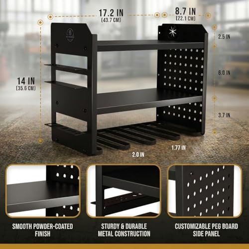 BUILTSTRONG Power Tool Organizer Wall Mount – 3-Tier Heavy-Duty Steel Rack, 4 Drill Slots, Pegboard + Utility Side, 100 lb Capacity – Garage, Workshop & Shed Storage (Black) - color: Black, size: 4 Drill Holder