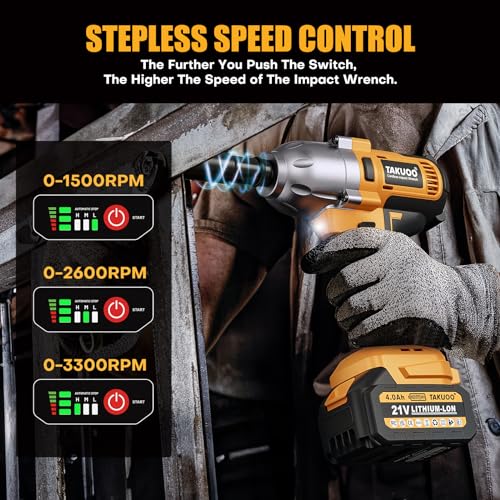 Takuoo Cordless Impact Wrench 1/2", 1200N.m High Torque Electric Impact Gun
