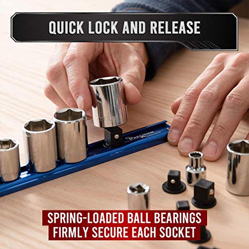 Precision Defined Aluminum Tool Socket Holder 3-Piece Set | Blue, 1/4-Inch x 16 Clips, 3/8-Inch x 16 Clips, 1/2-Inch x 14 Clips | 360 Rotation - Heavy Duty Socket Rails Organizer, Socket Storage - color: Blue