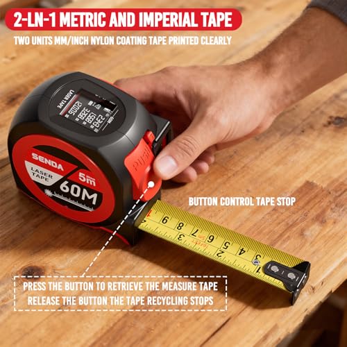 SENDA 3-in-1 Laser Tape Measure - 197Ft Rechargeable Laser Measuring Tape with Led Display & 16Ft Measuring Tool with Magnetic Hook & Auto Lock -20 Data Sets,Pythagorean/Area/Volume,Ft/Ft+in/in/M Unit - color: Red(USB-C Charge), size: 197 FT